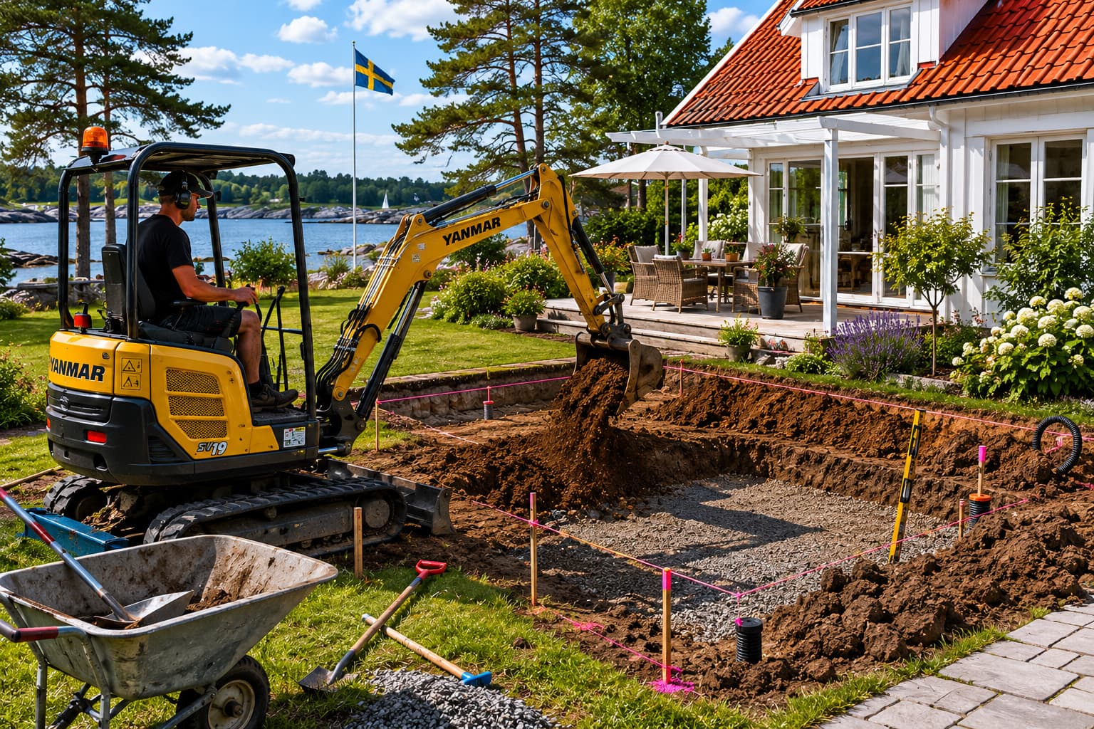 Minigrävare gräver vid ett hus