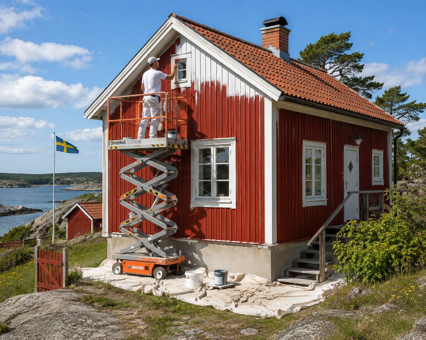 Saxlift vid målning av en röd stuga