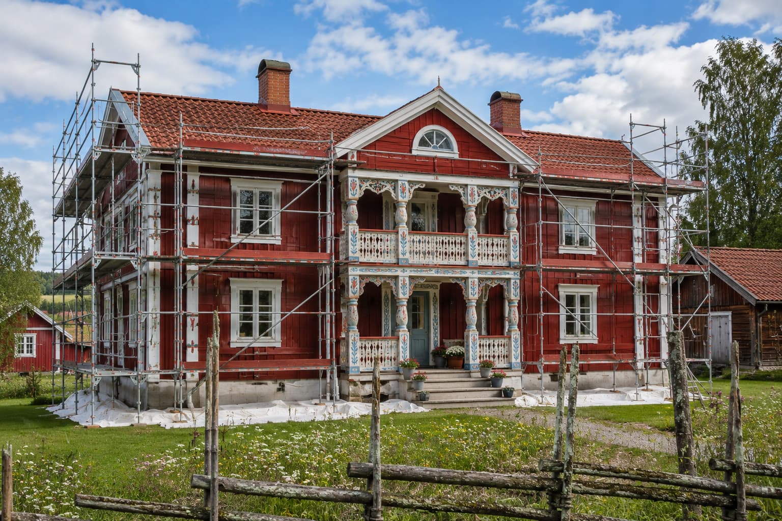 Byggställning runt en hälsingegård