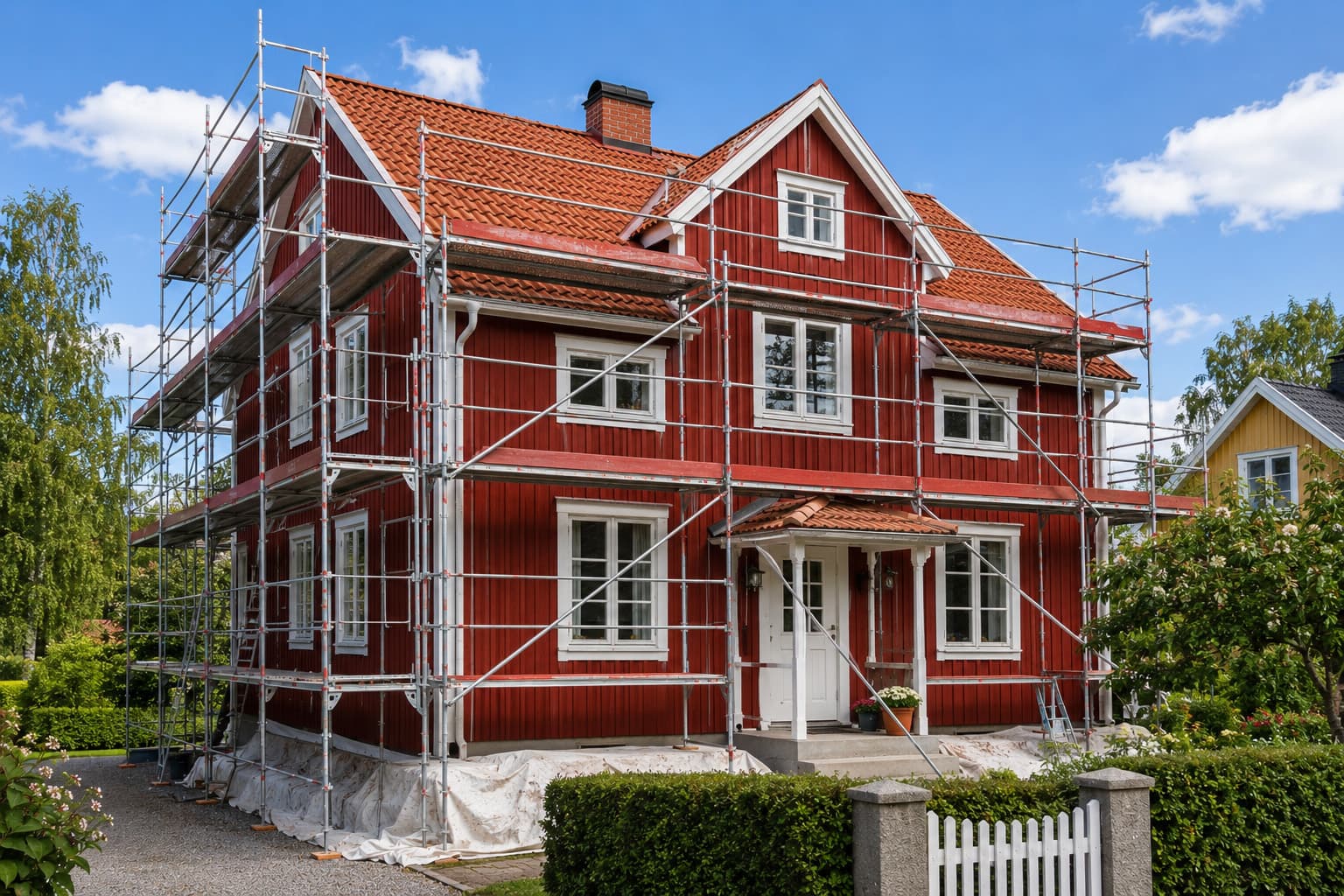 Byggställning runt ett rött hus